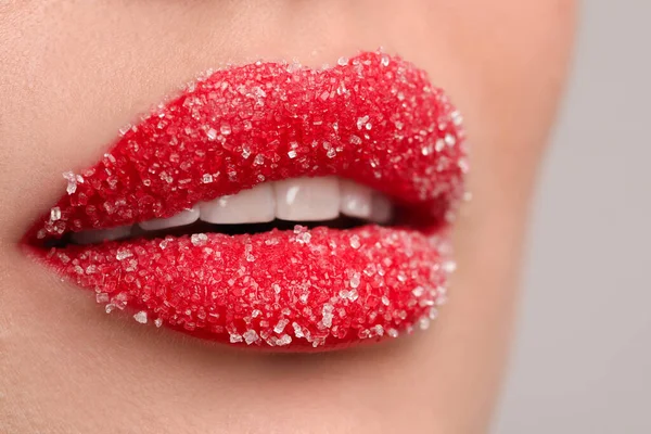 Young Woman Beautiful Lips Covered Sugar Light Background Closeup — Stock Photo, Image