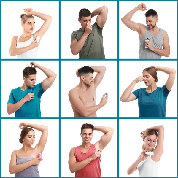 Kolaż Zdjęciami Osób Stosujących Dezodoranty Pachy Plamami Potu Ubraniach Białym — Zdjęcie stockowe
