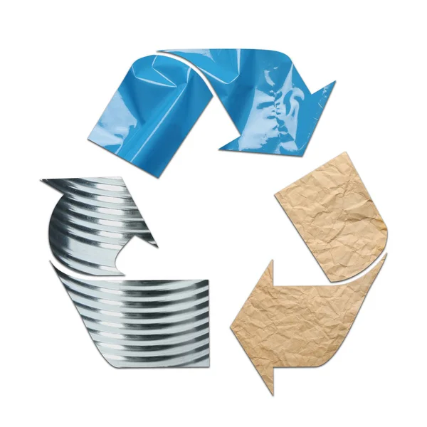 Recycling Symbol Made Turquoise Stretch Wrap Tin Can Old Parchment — Stock Photo, Image
