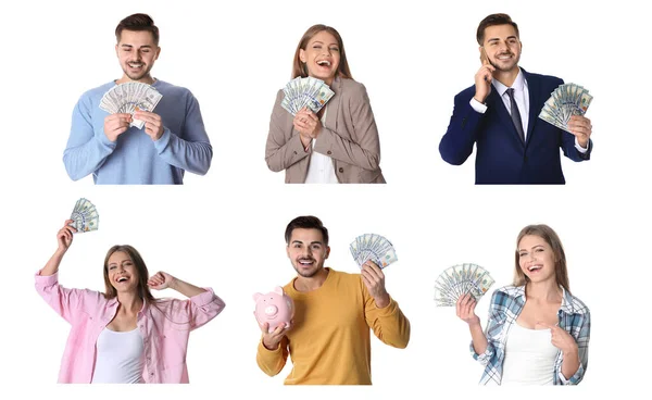 Collage Con Fotos Gente Feliz Sosteniendo Dinero Sobre Fondo Blanco — Foto de Stock