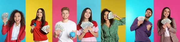 Collage Met Foto Van Gelukkige Mensen Met Geld Verschillende Kleurenachtergronden — Stockfoto