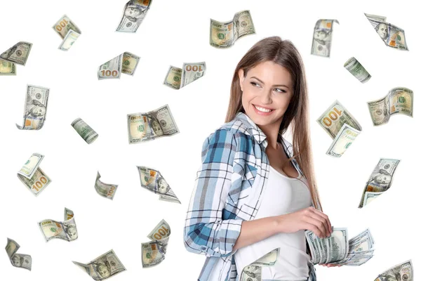 Glückliche Junge Frau Mit Geld Und Fallenden Amerikanischen Dollars Auf — Stockfoto