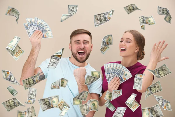 Happy Young People Money Falling American Dollars Beige Background — Stock Photo, Image