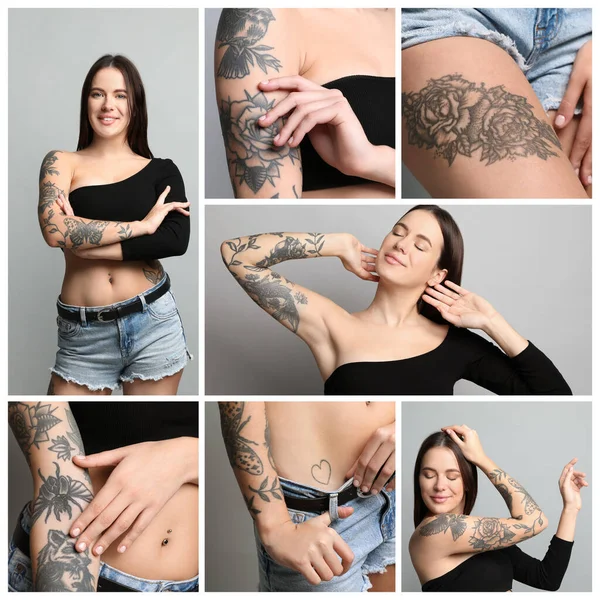 Collage Med Bilder Vacker Kvinna Med Tatueringar Kroppen Mot Ljusgrå — Stockfoto