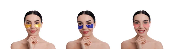 Collage Beautiful Woman Cosmetic Eye Patches White Background Banner Design — Stock Photo, Image