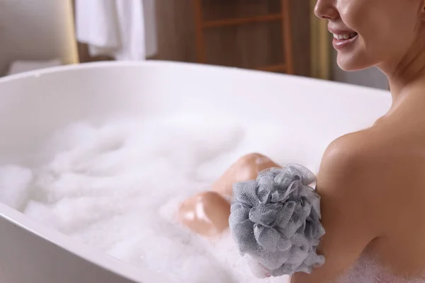 Woman Taking Bath Mesh Pouf Tub Closeup — Stock Photo, Image