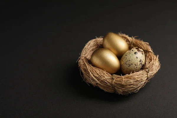 Siyah Arkaplanda Altın Sıradan Bıldırcın Yumurtaları Metin Için Boşluk — Stok fotoğraf
