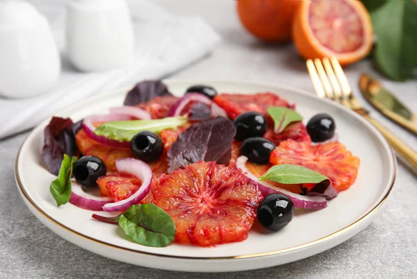 Plate Delicious Sicilian Orange Salad Grey Table Closeup — Fotografia de Stock