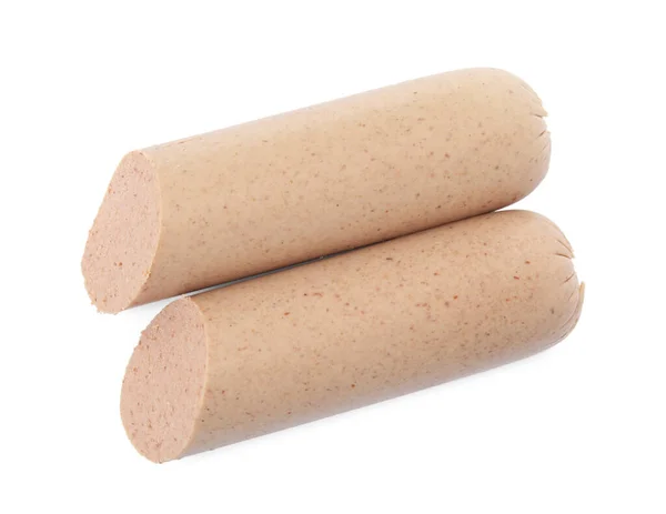 Pedaços Delicioso Liverwurst Fundo Branco Vista Superior — Fotografia de Stock