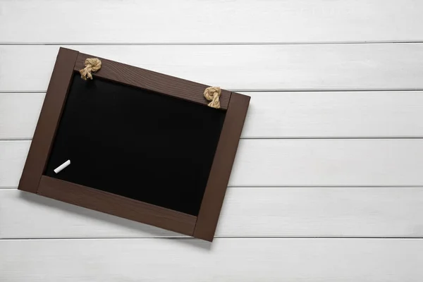 Clean Small Blackboard Piece Chalk White Wooden Table Top View — Stock Photo, Image