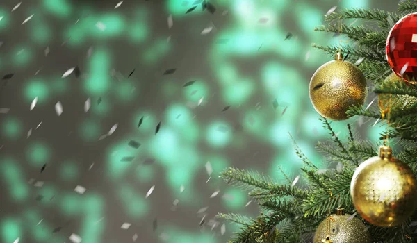 Bela Árvore Natal Com Bugigangas Brilhantes Contra Luzes Embaçadas Fundo — Fotografia de Stock