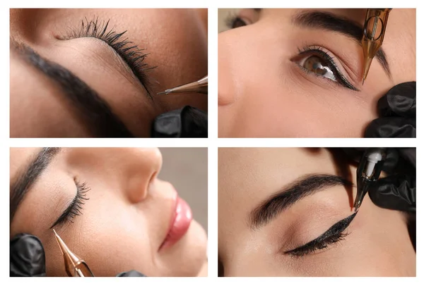 Collage Different Photos Women Undergoing Permanent Eye Makeup — Stock Photo, Image