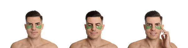 Collage Eines Gut Aussehenden Mannes Mit Kosmetik Unter Augenklappen Auf — Stockfoto