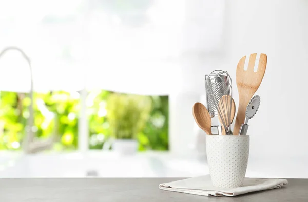 Holder Kitchen Utensils Grey Table Indoors Space Text Bokeh Effect — Stock Photo, Image
