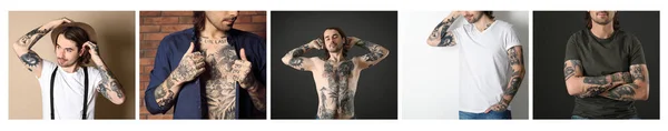 Collage Con Fotos Del Hombre Guapo Con Tatuajes Cuerpo Diseño —  Fotos de Stock