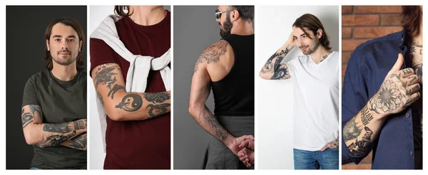 Collage Photos Handsome Men Tattoos Body Closeup View Banner Design — Stock Photo, Image