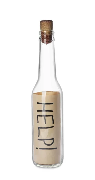 Message Help Corked Glass Bottle Isolated White — Stock fotografie