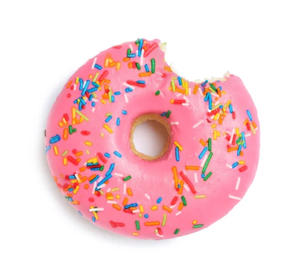 Sweet Bitten Glazed Donut Decorated Sprinkles Isolated White Top View — Fotografia de Stock