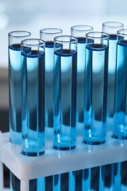 Rafta reaktörlü test tüpleri, yakın çekim. Laboratuvar analizi