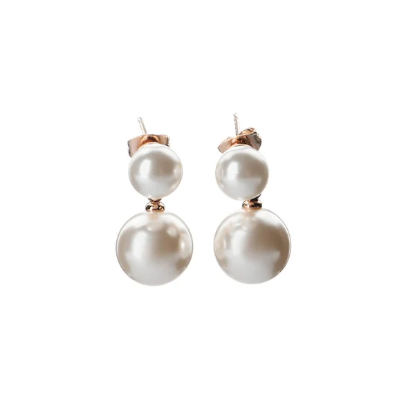 Elegant Golden Earrings Pearls White Background — 스톡 사진
