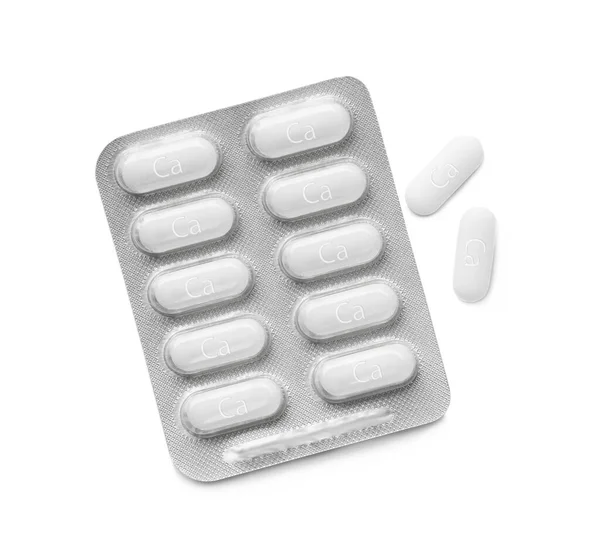 Blister Pack Calcium Supplement Pills White Background Flat Lay — Fotografia de Stock