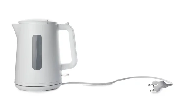 Сучасний Електричний Чайник Основою Вилкою Ізольований Білому — стокове фото
