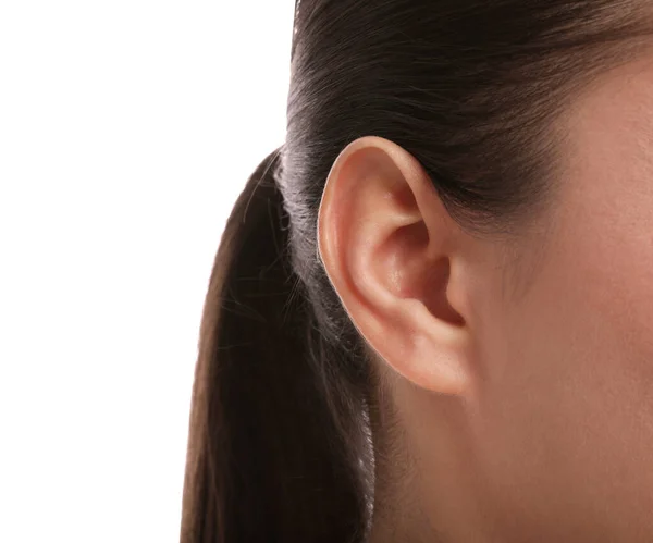 Woman White Background Closeup Ear — Fotografia de Stock