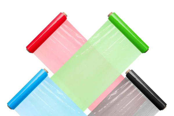 Rolos Plástico Colorido Stretch Wrap Fundo Branco — Fotografia de Stock