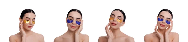 Collage Der Schönen Frau Mit Kosmetik Unter Augenklappen Auf Weißem — Stockfoto