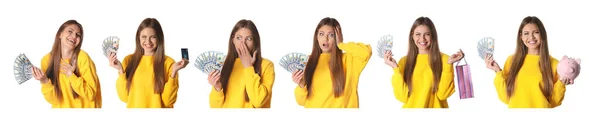 Κολάζ Φωτογραφίες Ευτυχισμένης Νεαρής Γυναίκας Που Κρατάει Χρήματα Λευκό Φόντο — Φωτογραφία Αρχείου