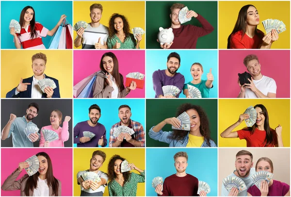 Collage Con Fotos Gente Feliz Sosteniendo Dinero Diferentes Fondos Color —  Fotos de Stock