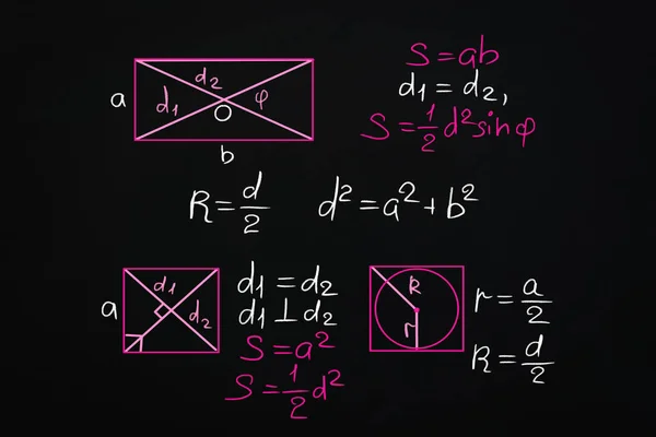 Fórmulas Básicas Área Quadrada Retangular Escritas Chalkboard — Fotografia de Stock