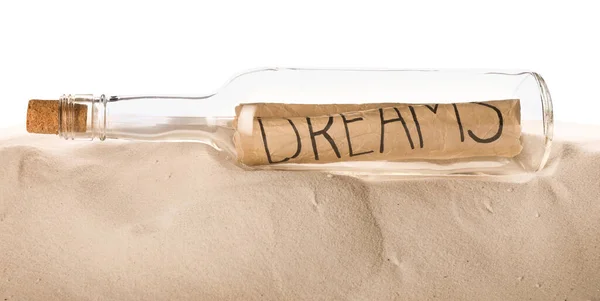 Corked Glass Bottle Dreams Note Sand White Background — Stock Photo, Image