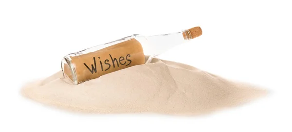 Corked Glass Bottle Wishes Note Sand White Background — Stock Photo, Image