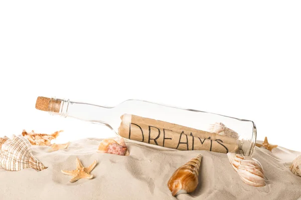 Corked Glass Bottle Dreams Note Seashells Sand White Background — Stock Photo, Image
