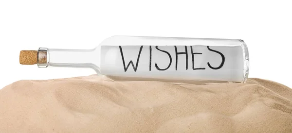 Corked Glass Bottle Wishes Note Sand White Background — Stock Photo, Image