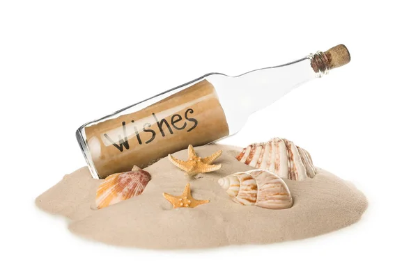 Corked Glass Bottle Wishes Note Seashells Sand White Background — Stock Photo, Image