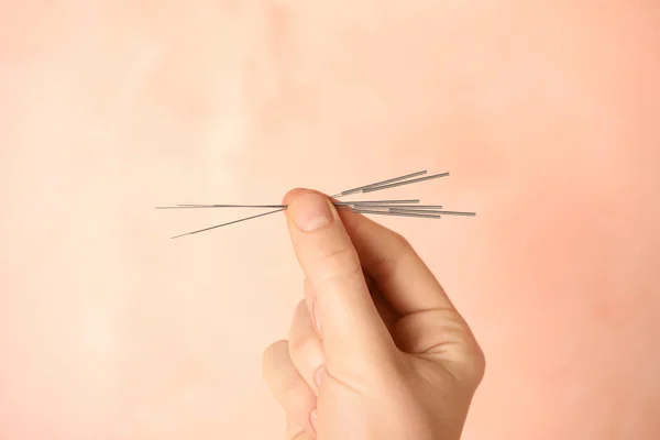 Woman Holding Needles Acupuncture Pink Background Closeup — Stock Photo, Image