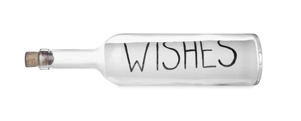 Corked Glass Bottle Wishes Note White Background — Stock Photo, Image