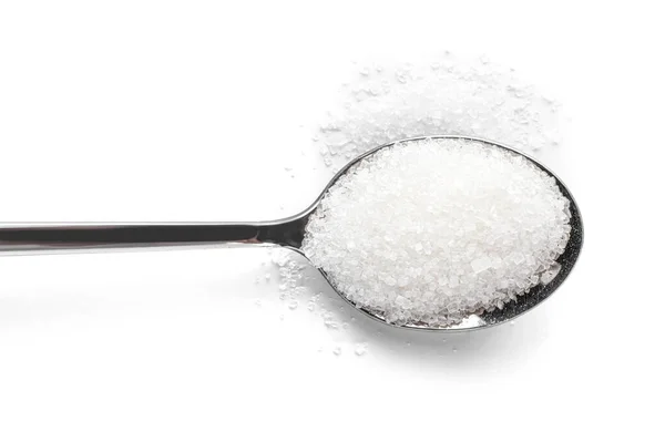 Beyaz Üzerine Izole Edilmiş Kaşık Granül Şeker Üst Görünüm — Stok fotoğraf