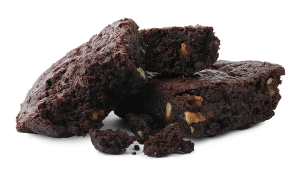 Köstliche Schokoladenbrownies Mit Nüssen Auf Weißem Hintergrund — Stockfoto