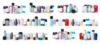 Beyaz arkaplanda farklı deodorantlar var. Pankart tasarımı