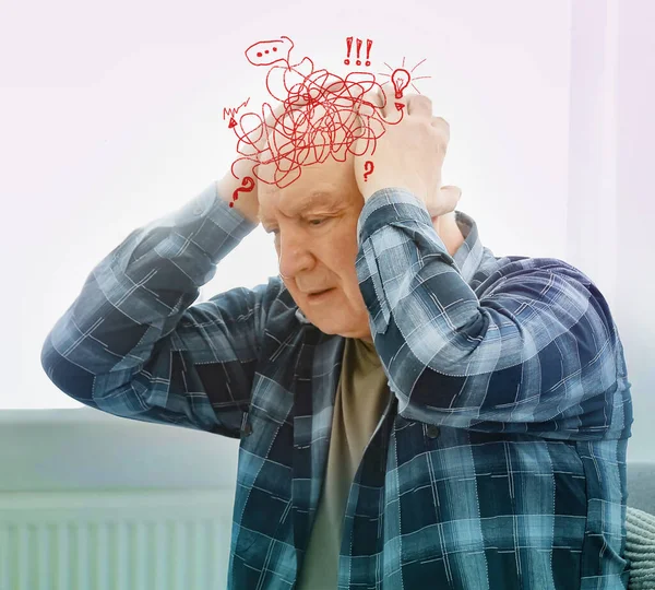 Senior Man Suffering Dementia Home Illustration Messy Thoughts Cognitive Impairment — Stock Photo, Image