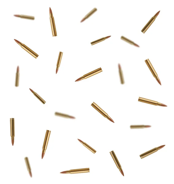 Veel Kogels Vallen Een Witte Achtergrond Wapenmunitie — Stockfoto