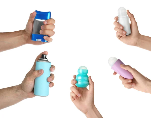 Collage Con Personas Sosteniendo Diferentes Desodorantes Sobre Fondo Blanco Primer — Foto de Stock