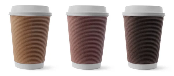 Set Con Tazze Caffè Carta Con Coperchi Sfondo Bianco Design — Foto Stock