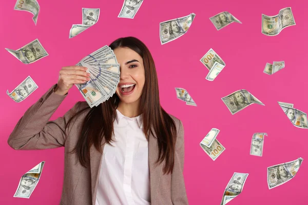 Happy Young Woman Money Falling American Dollars Pink Background — Stock Photo, Image