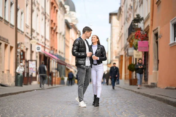 Lovely Young Couple Cups Coffee Walking Together City Street Romantic — Foto de Stock
