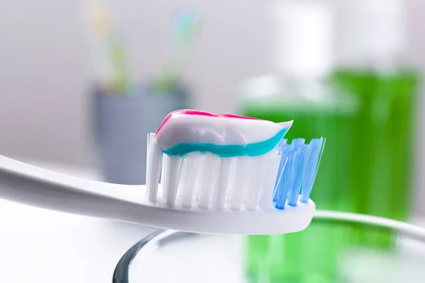 Toothbrush Paste Mouthwash Blurred Background Closeup — Stock Photo, Image