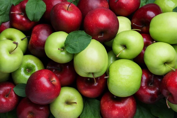 Verse Rijpe Groene Rode Appels Als Achtergrond Bovenaanzicht — Stockfoto